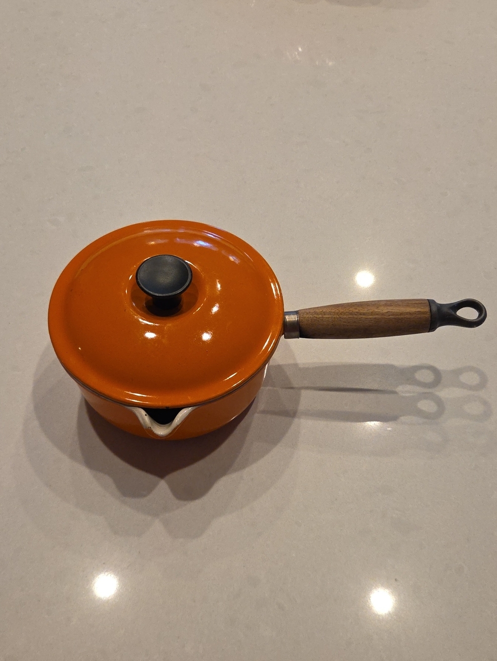 Le Creuset Vintage Orange Saucepan with Wooden Handle and Black Knob